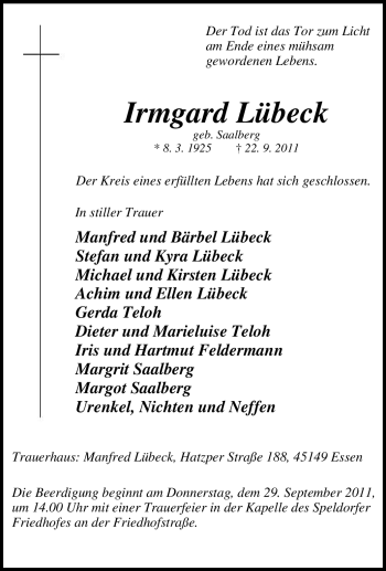 Traueranzeige von Irmgard Lübeck von Tageszeitung