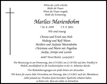 Traueranzeige von Marlies Marienbohm von Tageszeitung