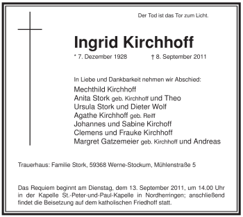 Traueranzeige von Ingrid Kirchhoff von Tageszeitung