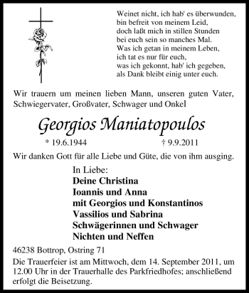 Traueranzeige von Georgios Maniatopoulos von Tageszeitung