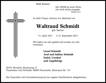 Traueranzeige von Waltraud Schmidt von Tageszeitung