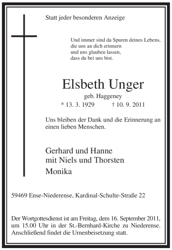 Traueranzeige von Elsbeth Unger von Tageszeitung