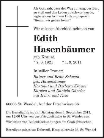 Traueranzeige von Edith Hasenbäumer von Tageszeitung