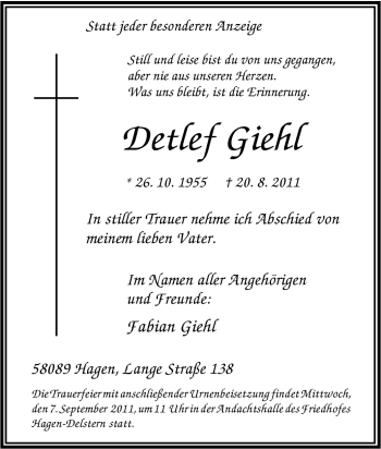 Traueranzeige von Detlef Giehl von Tageszeitung