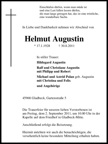 Traueranzeige von Helmut Augustin von Tageszeitung