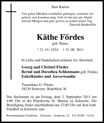 Traueranzeige von Käthe Fördes von Tageszeitung
