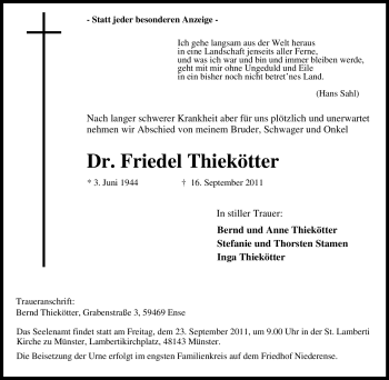 Traueranzeige von Friedel Thiekötter von Tageszeitung