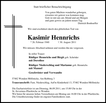 Traueranzeige von Kasimir Hennrichs von Tageszeitung