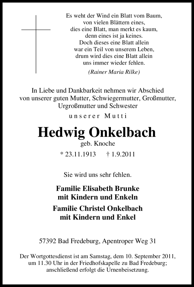  Traueranzeige für Hedwig Onkelbach vom 06.09.2011 aus Tageszeitung