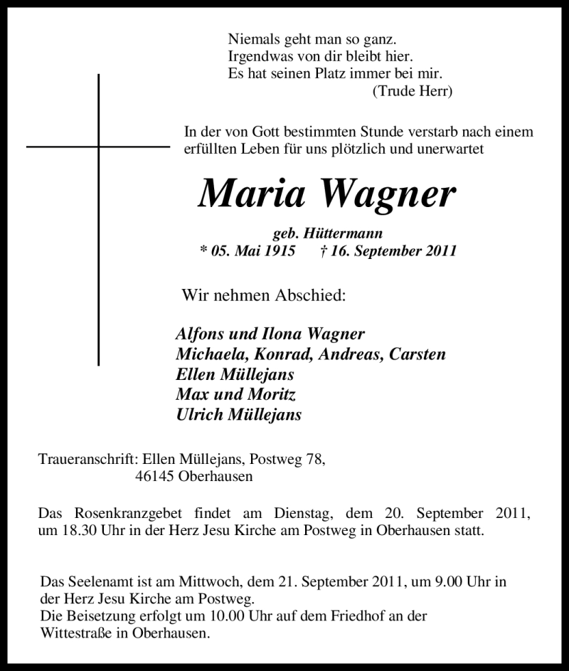  Traueranzeige für Maria Wagner vom 19.09.2011 aus Tageszeitung