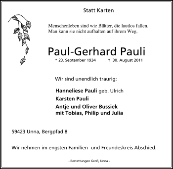 Traueranzeige von Paul-Gerhard Pauli von Tageszeitung