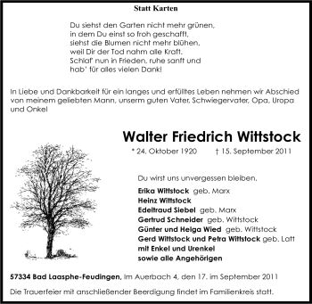 Traueranzeige von Walter Friedrich Wittstock von Tageszeitung