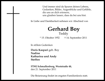 Traueranzeige von Gerhard Boy von Tageszeitung