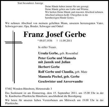 Traueranzeige von Franz Josef Gerbe von Tageszeitung