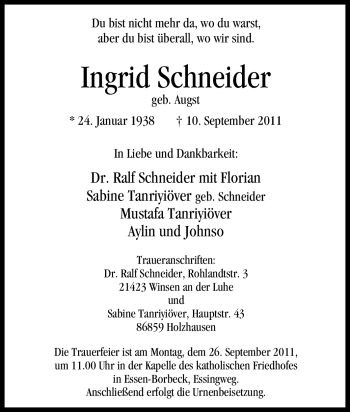 Traueranzeige von Ingrid Schneider von Tageszeitung