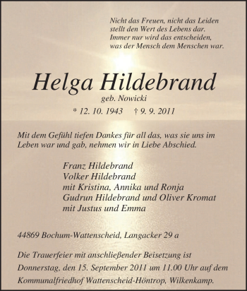 Traueranzeige von Helga Hildebrand von Tageszeitung