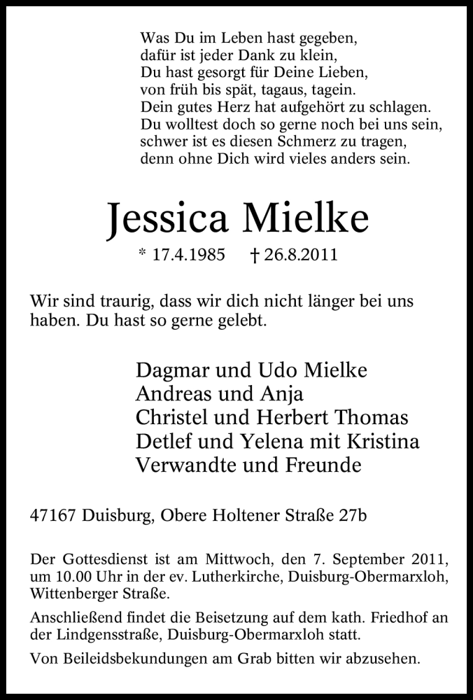  Traueranzeige für Jessica Mielke vom 03.09.2011 aus Tageszeitung