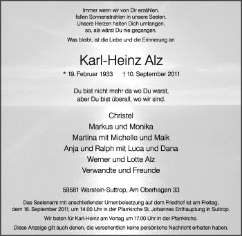 Traueranzeige von Kaerl-Heinz Alz von Tageszeitung
