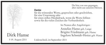 Traueranzeige von Dirk Hanse von Tageszeitung