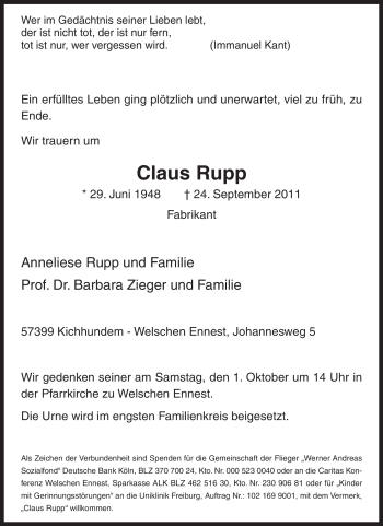 Traueranzeige von Claus Rupp von Tageszeitung