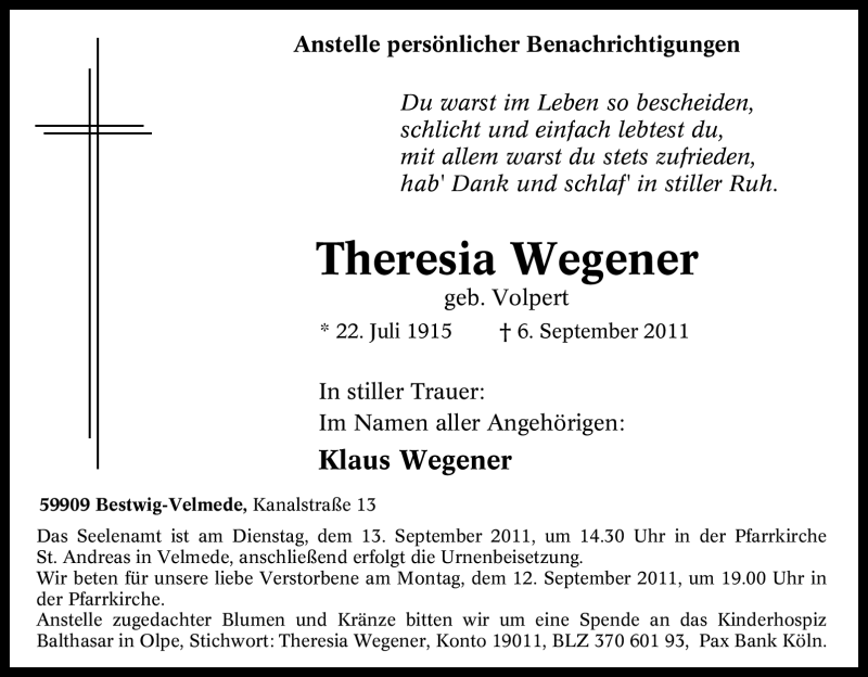  Traueranzeige für Theresia Wegener vom 10.09.2011 aus Tageszeitung