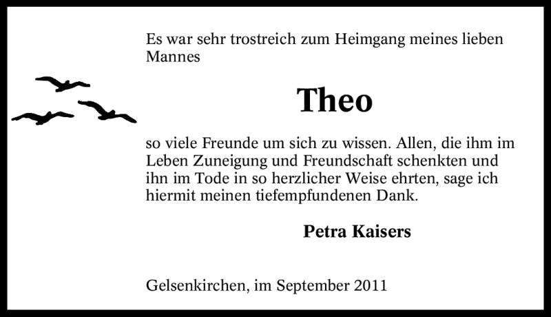  Traueranzeige für Theo Unbekannt vom 24.09.2011 aus Tageszeitung