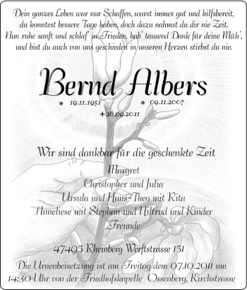 Traueranzeige von Bernd Albers von Tageszeitung