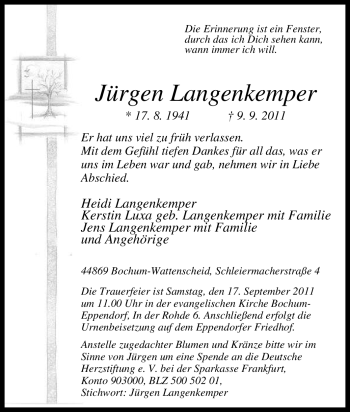 Traueranzeige von Jürgen Langenkemper von Tageszeitung