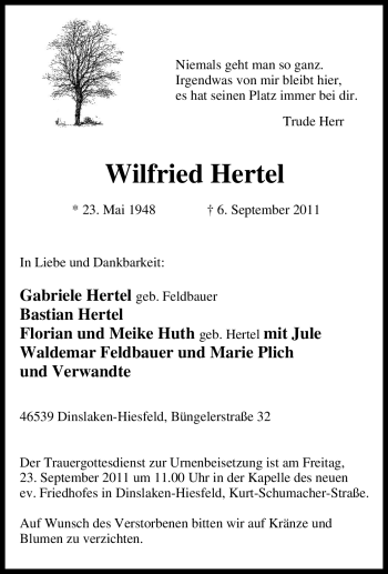Traueranzeige von Wilfried Hertel von Tageszeitung