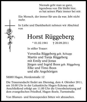Traueranzeige von Horst Rüggeberg von Tageszeitung