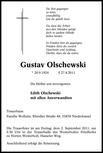 Traueranzeige von Gustav Olschewski von Tageszeitung