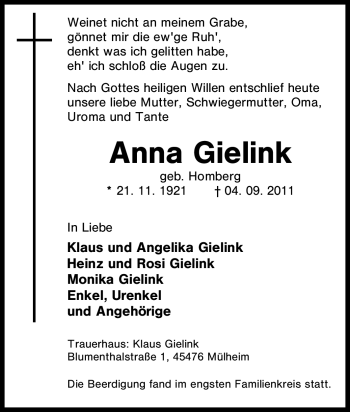 Traueranzeige von Anna Gielink von Tageszeitung