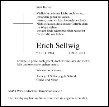 Traueranzeige von Erich Sellwig von Tageszeitung