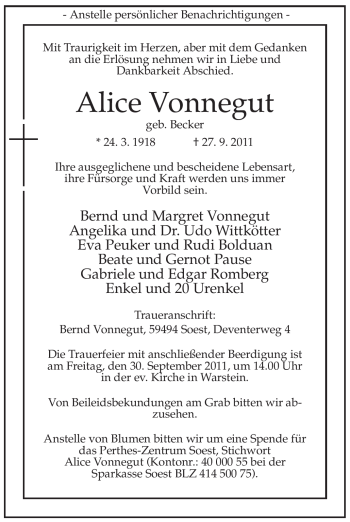Traueranzeige von Alice Vonnegut von Tageszeitung