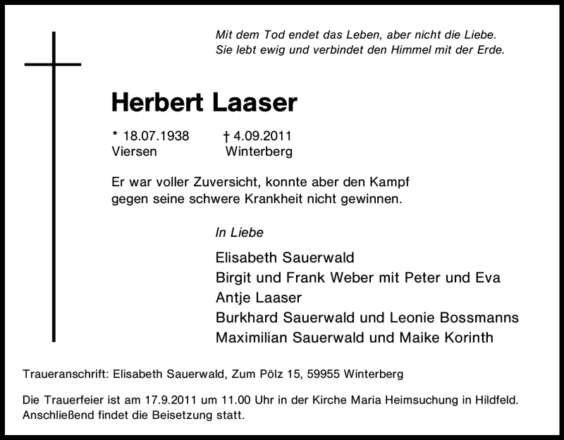  Traueranzeige für Herbert Laaser vom 10.09.2011 aus Tageszeitung