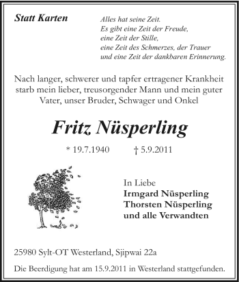 Traueranzeige von Fritz Nüsperling von Tageszeitung