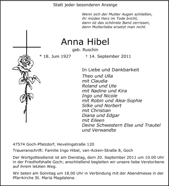 Traueranzeige von Anna Hibel von Tageszeitung