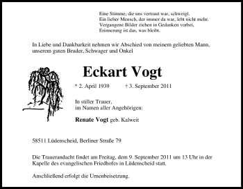 Traueranzeige von Eckart Vogt von Tageszeitung