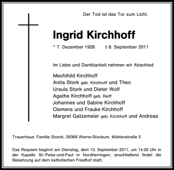 Traueranzeige von Ingrid Kirchhoff von Tageszeitung