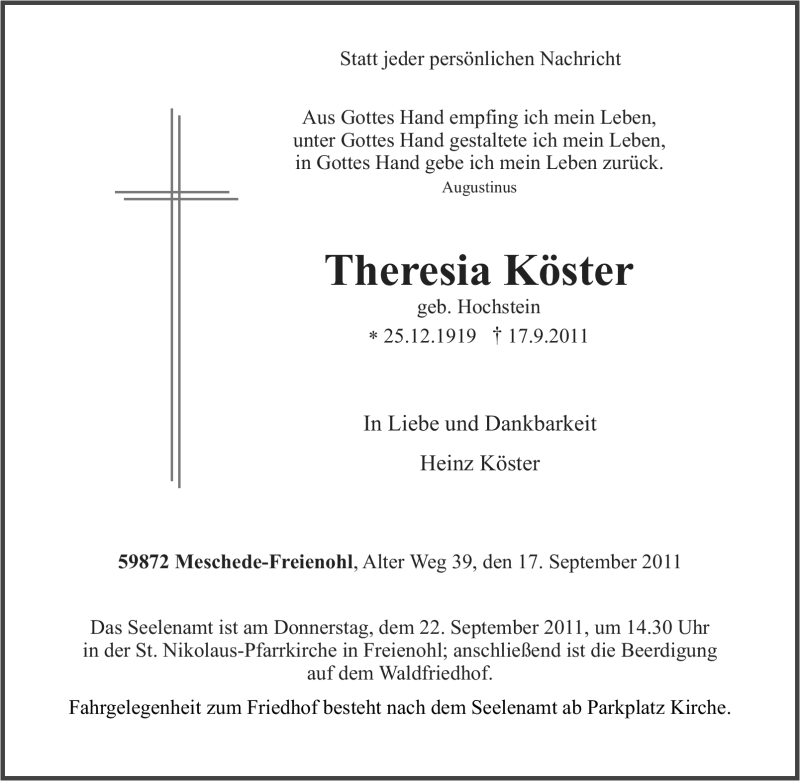  Traueranzeige für Theresia Köster vom 19.09.2011 aus Tageszeitung