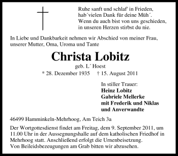 Traueranzeige von Christa Lobitz von Tageszeitung