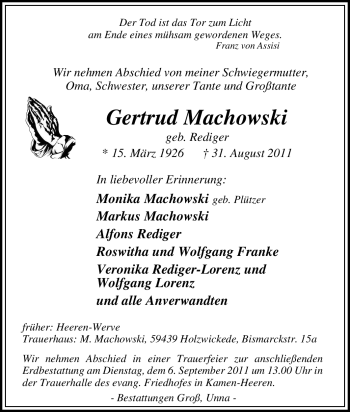 Traueranzeige von Gertrud Machowski von Tageszeitung
