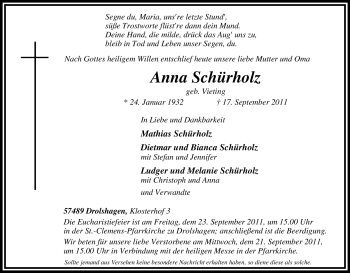 Traueranzeige von Anna Schürholz von Tageszeitung