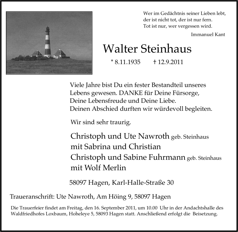  Traueranzeige für Walter Steinhaus vom 14.09.2011 aus Tageszeitung