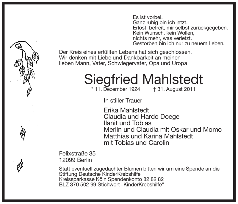  Traueranzeige für Siegfried Mahlstedt vom 10.09.2011 aus Tageszeitung