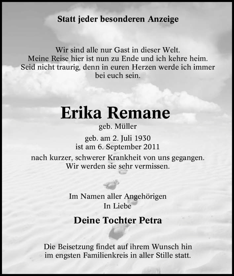  Traueranzeige für Erika Remane vom 07.09.2011 aus Tageszeitung