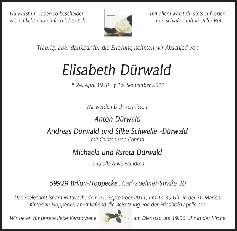  Traueranzeige für Elisabeth Dürwald vom 19.09.2011 aus Tageszeitung