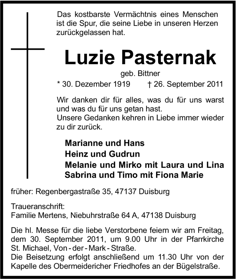  Traueranzeige für Luzie Pasternak vom 28.09.2011 aus Tageszeitung