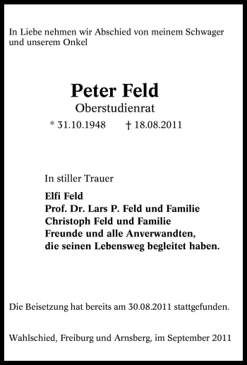 Traueranzeige von Peter Feld von Tageszeitung
