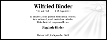 Traueranzeige von Wilfried Binder von Tageszeitung